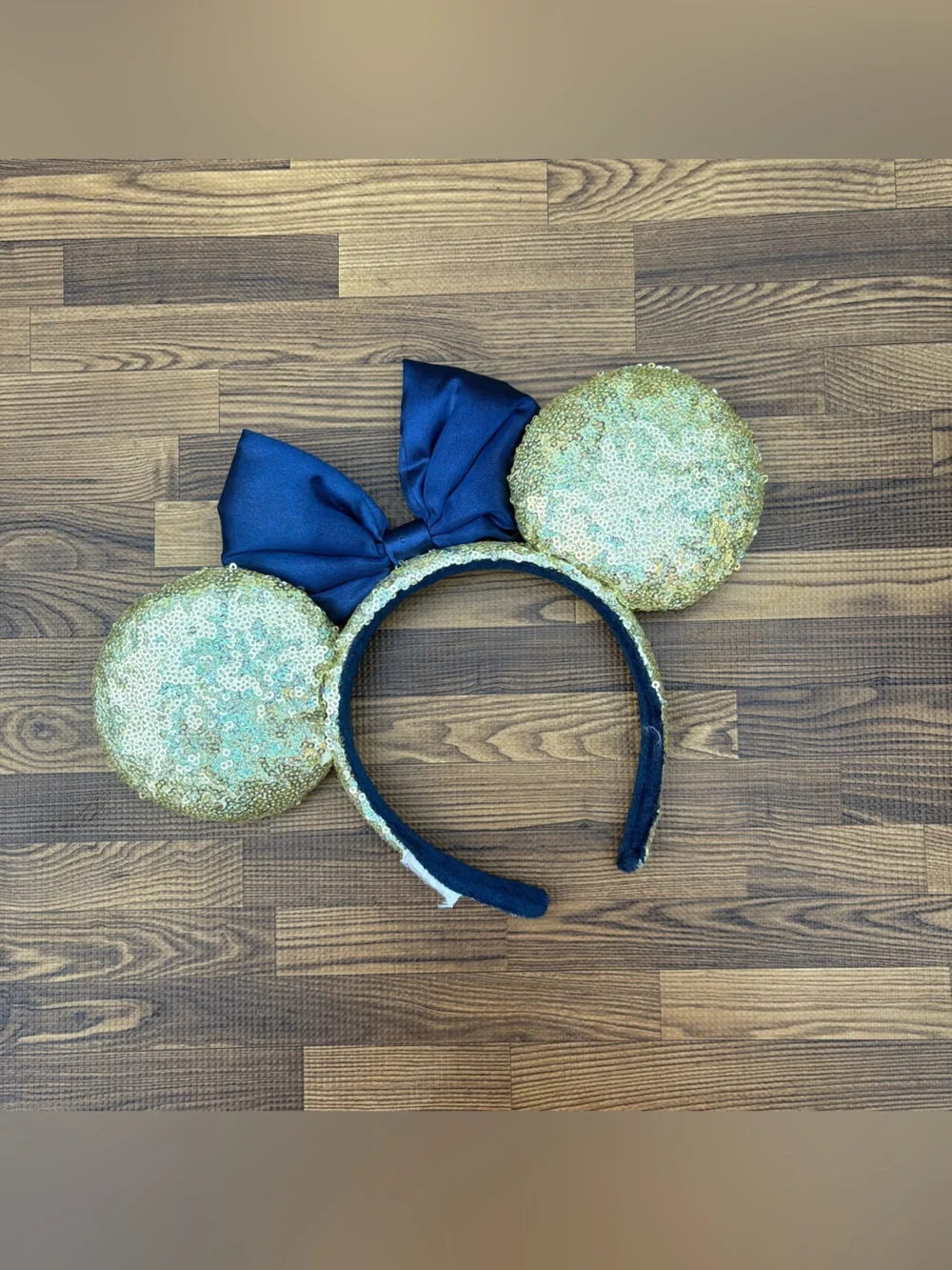 Disney 50th Celebration Gold Sequined Minnie Ears Headband with Navy Bow